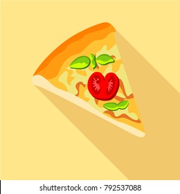 Pizza with tomatoes and basil icon. Flat illustration of pizza with tomatoes and basil vector icon for web