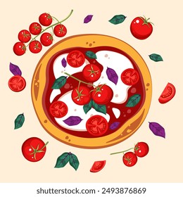 Pizza with tomatoes, basil and mozzarella cheese. Pizza margherita.Vector illustration isolated on white background.