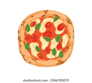 Pizza with tomatoes, basil and mozzarella drawn in flat style. Italy, cuisine, food. Hand drawn vector illustration.