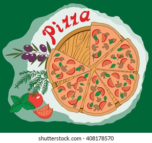 Pizza with tomatoes, basil, olives and rosemary vector illustration