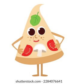 Pizza with tomatoes and champignons is smiling and has a happy look. Fast food in the form of funny creatures. Character design in cartoon style isolated on white background.