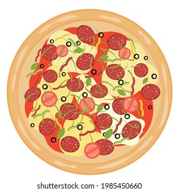 pizza with tomatoes, cheese, olives, sausage, onion, basil. Traditional Italian fast food. Top view. European appetizer. Isolated white color. Vector illustration of EPS10.