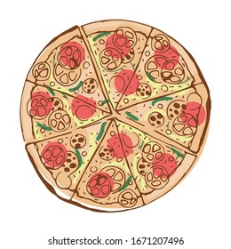 Pizza with tomatoes and herbs. Vector image.