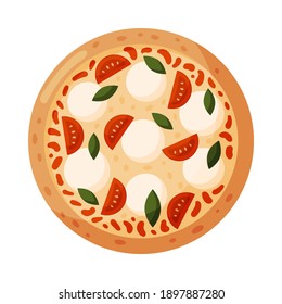 Pizza con tomates, mozzarella y albahaca. Izolado sobre fondo blanco. La comida rápida italiana. Ilustración vectorial.