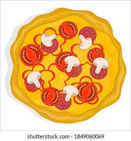 Pizza with tomatoes, mushrooms, pepper and salami sausage isolated on a white background. A dish from Italian cuisine. Pizza with cheese and crispy crust. Vector illustration in flat style.