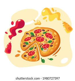 Pizza with tomatoes, onion, olives, basil, cheese, ketchup and mustard. Vector illustration