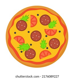 Pizza with tomatoes, salami, olives and basil in an Italian restauraunt. Vektor illustration isolated on white background