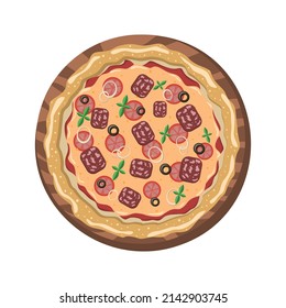 Pizza with tomatoes, sausage, olives, basil, onions on a wooden board on a white background. Vector image