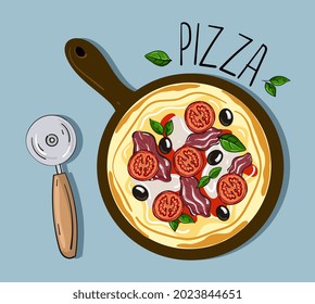 Pizza with tomatoes in sticker cartoon style. Vector illustration.