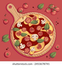 Pizza with tomatos and cheese on the wooden board. Italian cuisine, healthy food, cooking, restaurant menu, eating, recipes concept. Vector illustration for poster, menu, cover, banner