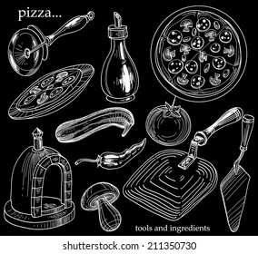 Pizza tools for cooking and ingredients set