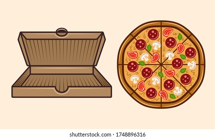 Pizza top view and cardboard open empty box set of vector colored cartoon objects or design elements on light background