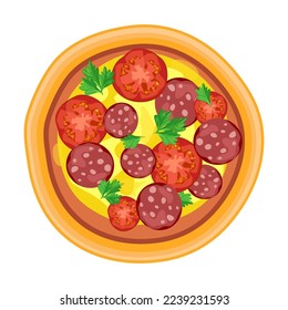 Pizza top view cartoon illustration. Margherita, pepperoni, seafood, vegetarian, Hawaiian. Pizza with sausage and tomato. Traditional Italian food concept