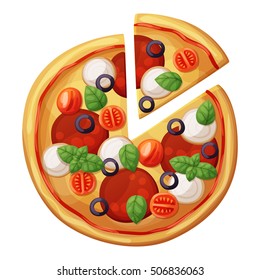 Pizza top view. Cherry tomato, sausages or salami, mozzarella, olives, basil leaves. Cartoon vector food illustration isolated on white background. American and Italian fast food pizza