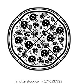 Pizza top view with different ingredients vector object or design element in vintage monochrome style isolated on white background