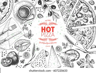 Pizza top view frame. Italian food menu design template. Vintage hand drawn sketch vector illustration. Engraved style