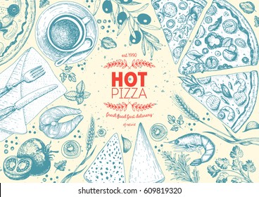 Pizza top view frame. Italian food menu design template. Vintage hand drawn sketch vector illustration. Engraved style