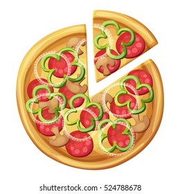 Pizza top view. Green sweet pepper, sausages or salami, mushrooms,white onion. Cartoon vector food illustration isolated on white background. American and Italian fast food pizza