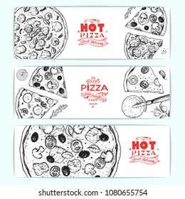 Pizza top view, horizontal banner collection. Italian food menu design template. Vintage hand drawn sketch vector illustration. Engraved style design for pizzeria menu.