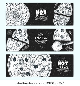 Pizza top view, horizontal banner collection. Italian food menu design template. Vintage hand drawn sketch vector illustration. Engraved style design for pizzeria menu.