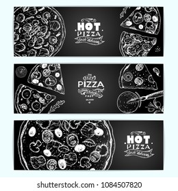 Pizza top view, horizontal banner collection. Italian food menu design template. Vintage hand drawn sketch vector illustration. Engraved style design for pizzeria menu.