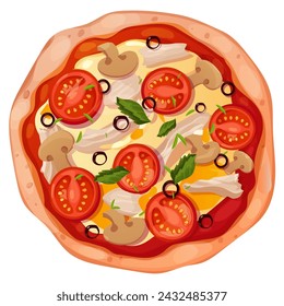 Pizza top view with meat, olives, tomato and mushrooms isolated on white background. Whole pizza with cheese, tasty italian food. 