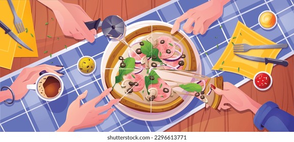 Pizza top view on table with dip sauce vector banner. Home baked italian food slice with cutter, knife, fork and runner on kitchen. Female hand taking tasty junk creamy piece in pizzeria for dinner