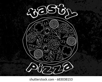 Pizza top view on white Ingredients background. Italian whole pizza with salami, cheese, mushroom, olive, basil, tomato, paprika. Vector illustration. Design elements in sketch style for menu.