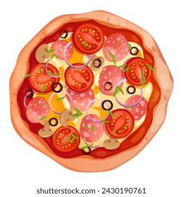 Pizza top view with salami, olives, tomato and mushrooms isolated on white background. Whole pizza with cheese, tasty italian food.