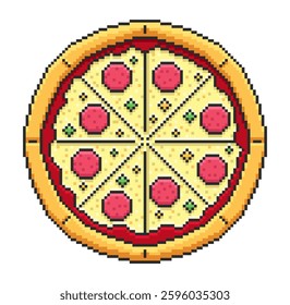 Pizza top view with salami slice in pixel style. Vector illustration