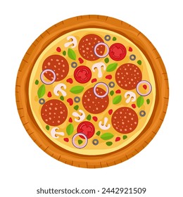 Pizza top view with salami slices. Pepperoni cartoon icon