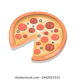 Pizza top view with salami slices. Pepperoni cartoon icon