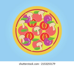 Pizza with top view of salami, tomatoes, onions, meat and mushrooms isolated on blue background, vector illustration