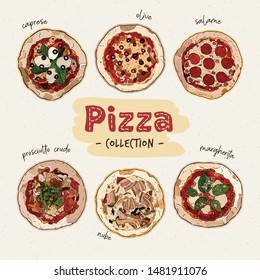 Pizza top view set with different ingredients. Italian whole pizza : Margarita, salame, olive, nube,caprese and prosciutto crudo. Vector illustration.