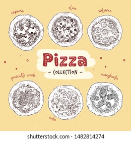 Pizza top view set with different ingredients. Italian whole pizza : Margarita, salame, olive, nube, caprese and prosciutto crudo. Vector illustration.