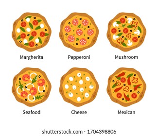  Pizza top view set with different ingredients. 