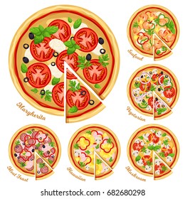 Pizza top view set with different ingredients. Italian whole pizza with slices: Margarita, seafood, vegetarian, mushroom, hawaiian and meat feast. Vector illustration isolated on white background