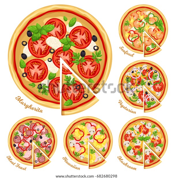 違う具材を使ったピザのトップビューセット スライスとイタリアのピザ マルガリータ 魚介類 ベジタリアン キノコ ハワイ 肉のご馳走 白い背景にベクター イラスト のベクター画像素材 ロイヤリティフリー