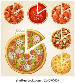 Pizza top view set. Italian whole pizza with slices. Set 1 of 2.