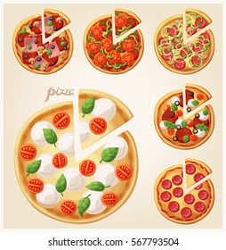 Pizza top view set. Italian whole pizza with slices. Set 2