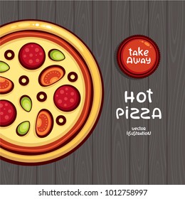 Pizza top view vector illustration. Takeaway italian food. Pizza with tomato and pepperoni on wood background. Design for menu, logo and pack.