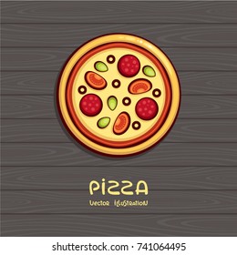 Pizza top view vector illustration. Italian food. Pizza with tomato and pepperoni on wood background. Design for menu, logo and pack.