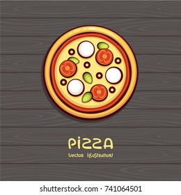 Pizza top view vector illustration. Italian food. Pizza with tomato and mozzarella on wood background. Design for menu, logo and pack.
