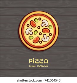 Pizza top view vector illustration. Italian food. Pizza with tomato and mushrooms on wood background. Design for menu, logo and pack.