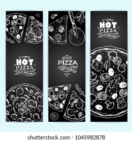 Pizza top view, vertical banner collection. Italian food menu design template. Vintage hand drawn sketch vector illustration. Engraved style design for pizzeria menu.