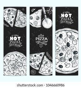 Pizza top view, vertical banner collection. Italian food menu design template. Vintage hand drawn sketch vector illustration. Engraved style design for pizzeria menu.