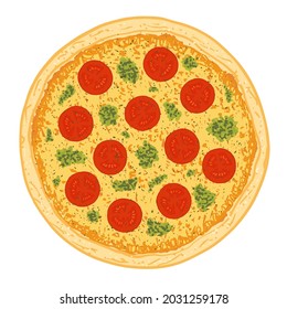 Pizza mit Käse, Kirschtomaten und Pesto. Vektorgrafik von handgezeichnet Pizza. 