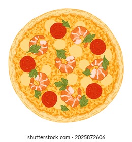 Pizza topped with mozzarella cheese, garlic prawns, cherry tomatoes and parsley. Vector illustration of hand drawn Seafood pizza. 