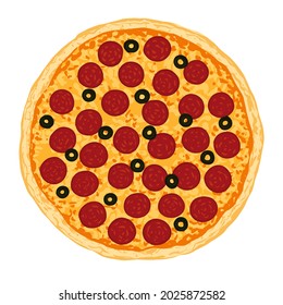 Pizza topped with mozzarella cheese, pepperoni and black olive. Vector illustration of hand drawn Pepperoni pizza. 