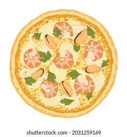 Pizza topped with mozzarella cheese, prawns,  calamari, mussels and parsley. Vector illustration of hand drawn Seafood pizza. 